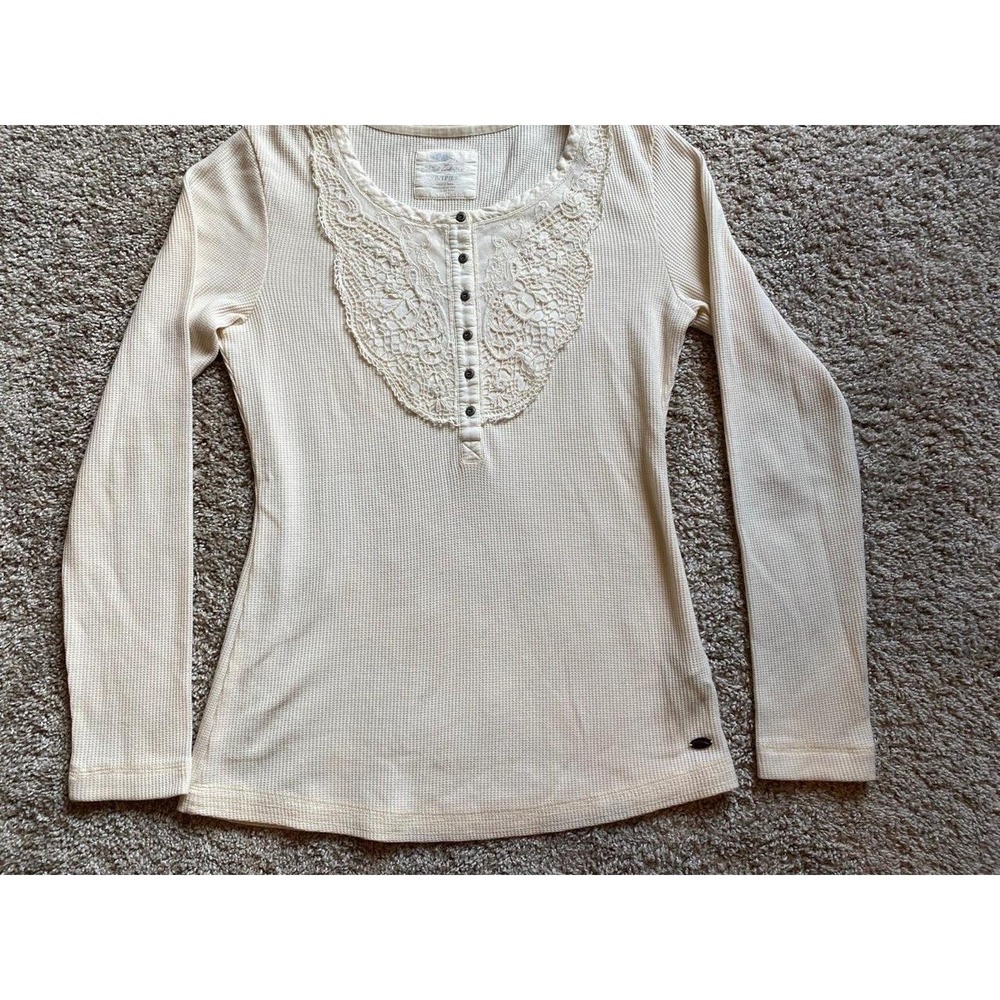 Bob Timberlake Shirt 1/4 Button Up Henley Small Lace Detail Front Long s7b